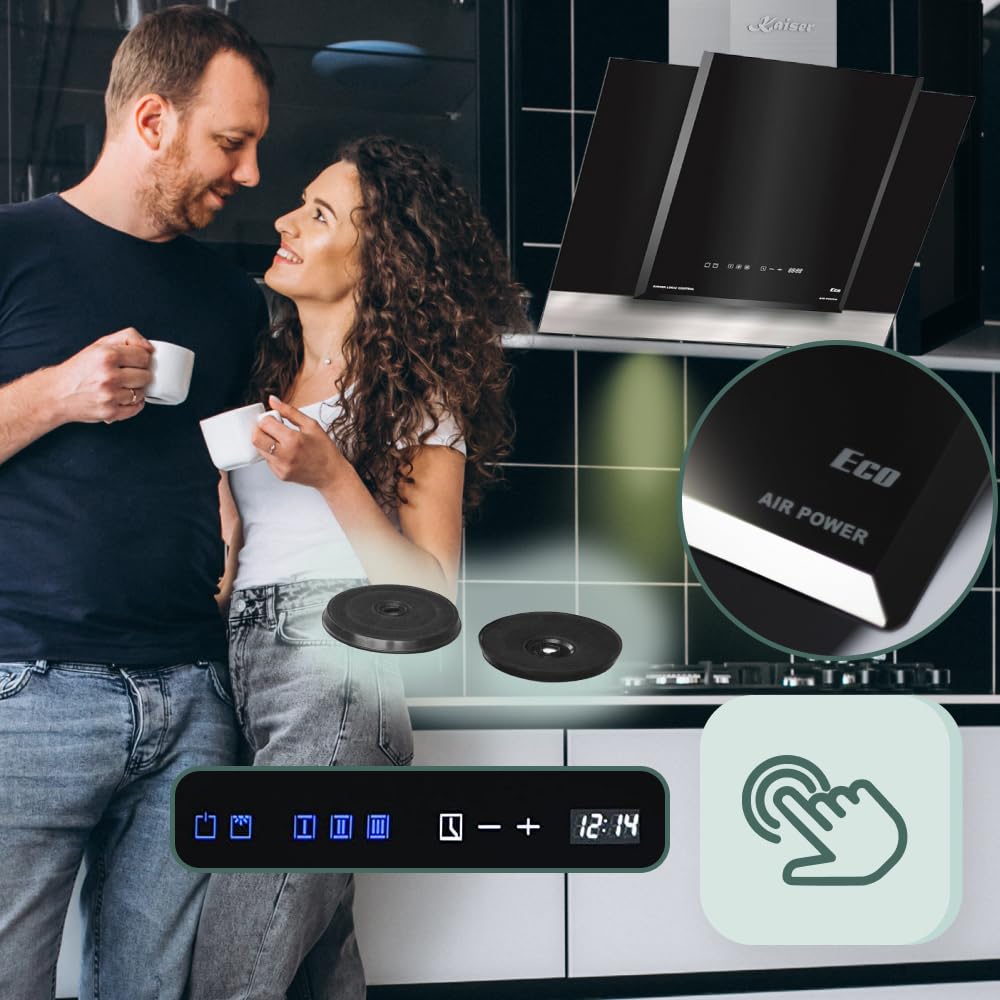 Kaiser AT 6438 ECO kopffrei Dunstabzugshaube 60 cm Exklusive Schwarz Glas Edelstahl Wandhaube 910m³/h | TouchControl Steuerung mit LED Display | Randabsaugung | Timer | Abzugshaube Abluft/Umluft
