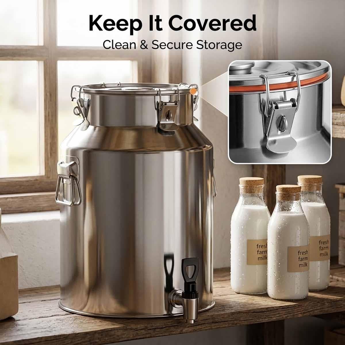 Jarra De Leche Acero Inoxidable 304 Recipiente Lácteo Cántara De Alimentos | Cubo Hermético Con Tapa A Prueba De Fugas Asas Soldadas Para Guardar Harina Queso Ghee Sólidos(Without faucet,58L)