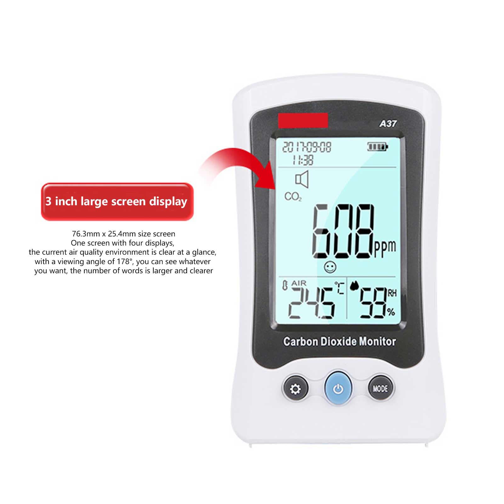 A37 Kohlendioxid-Detektor, CO2-Monitor mit NDIR-Sensor, 400 Bis 5000 Ppm, LCD-Display, Temperatur- und Luftfeuchtigkeitsalarm für das Gewächshauslabor Im Home Office