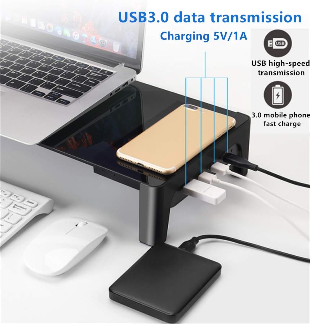 Greatest Product Iocean Monitor Riser, Tempered Glass Desk Computer Stand with 4 USB 3.0 Hub Fast Charging Ports and Wireless Bluetooth Speaker,Keyboard and Mouse Storage Desk Organizer for Laptop,Computer