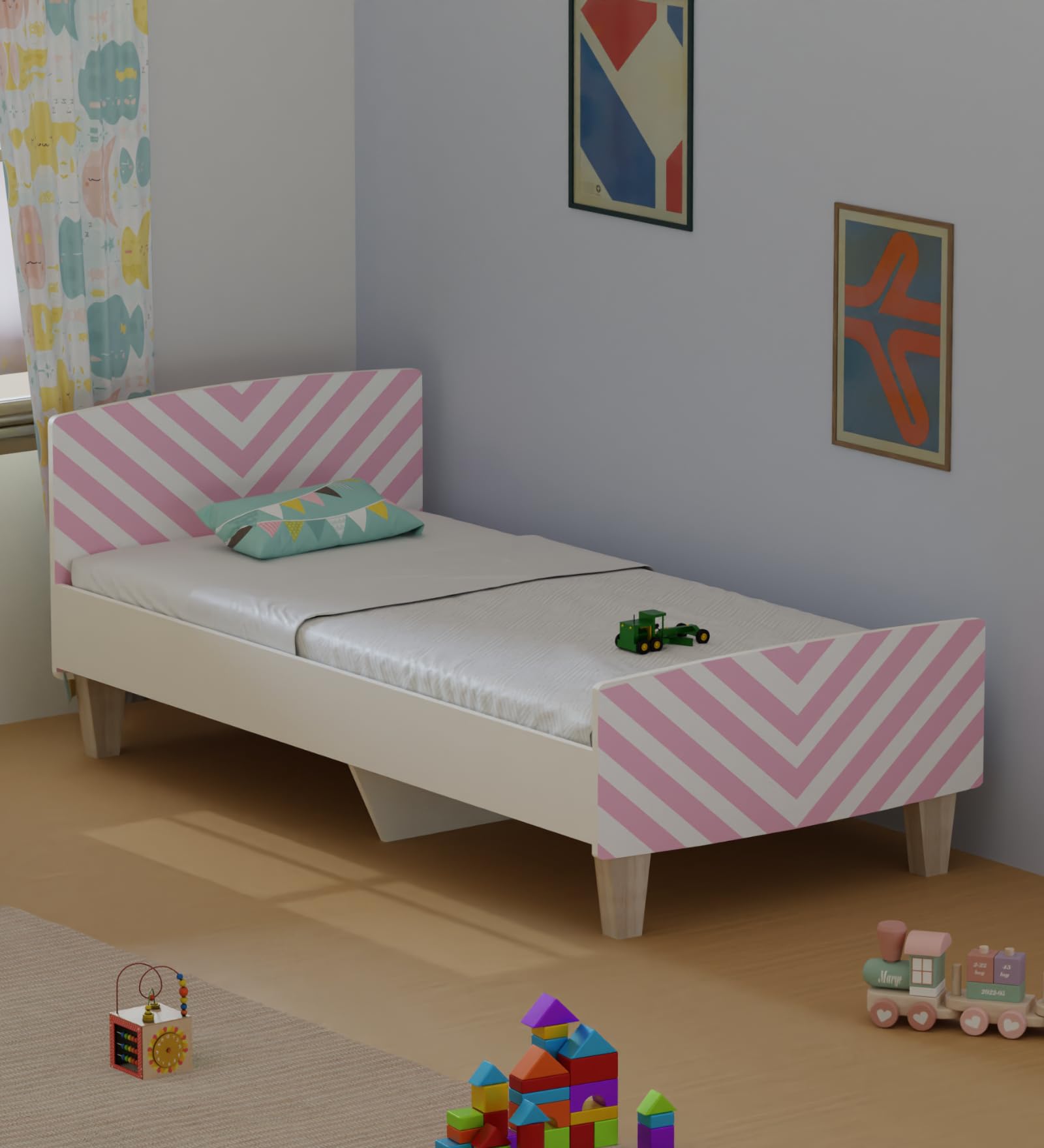 Boingg Minimalist Engineered Wood Single Bed for Kids | White & Pink Stripes | Single Size | Clean Minimal Design with Rounded Edges | 5 Year Warranty-image-43