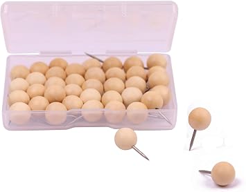 Tupalizy Round Wooden Map Thumb Tacks Unfinished Natural Wood Push Pins with Steel for Photos, Corkboard, Calendar and DIY Craft Project, Pack of 40