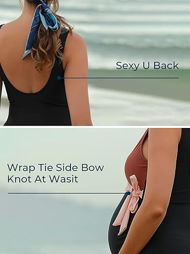 Miniatura 4 de Summer Mae Traje de baño de maternidad de una pieza con lazo frontal, cuello en V, traje de baño de corte alto