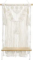 Briful Decoração de parede de macramê, decoração neutra moderna branca bohemain para pendurar na parede, decoração neutra de 87 cm em macramê elegante, decoração de prateleira de madeira