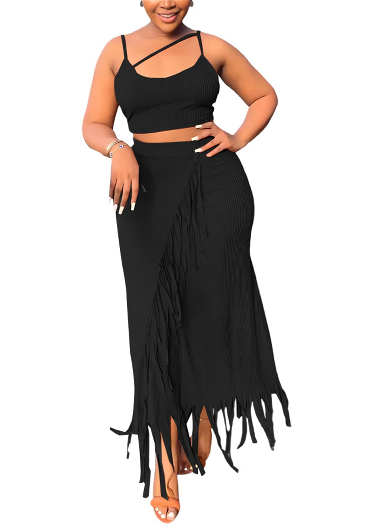 Women Two Piece Long Skirt Outfits High Waist Fringe Maxi Skirts Sexy Cami Crop Top