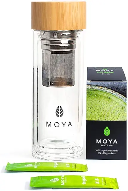 Organic Matcha To Go Set | 24 Portion Bags & Glass Shaker | Perfect for Travel & Gym
