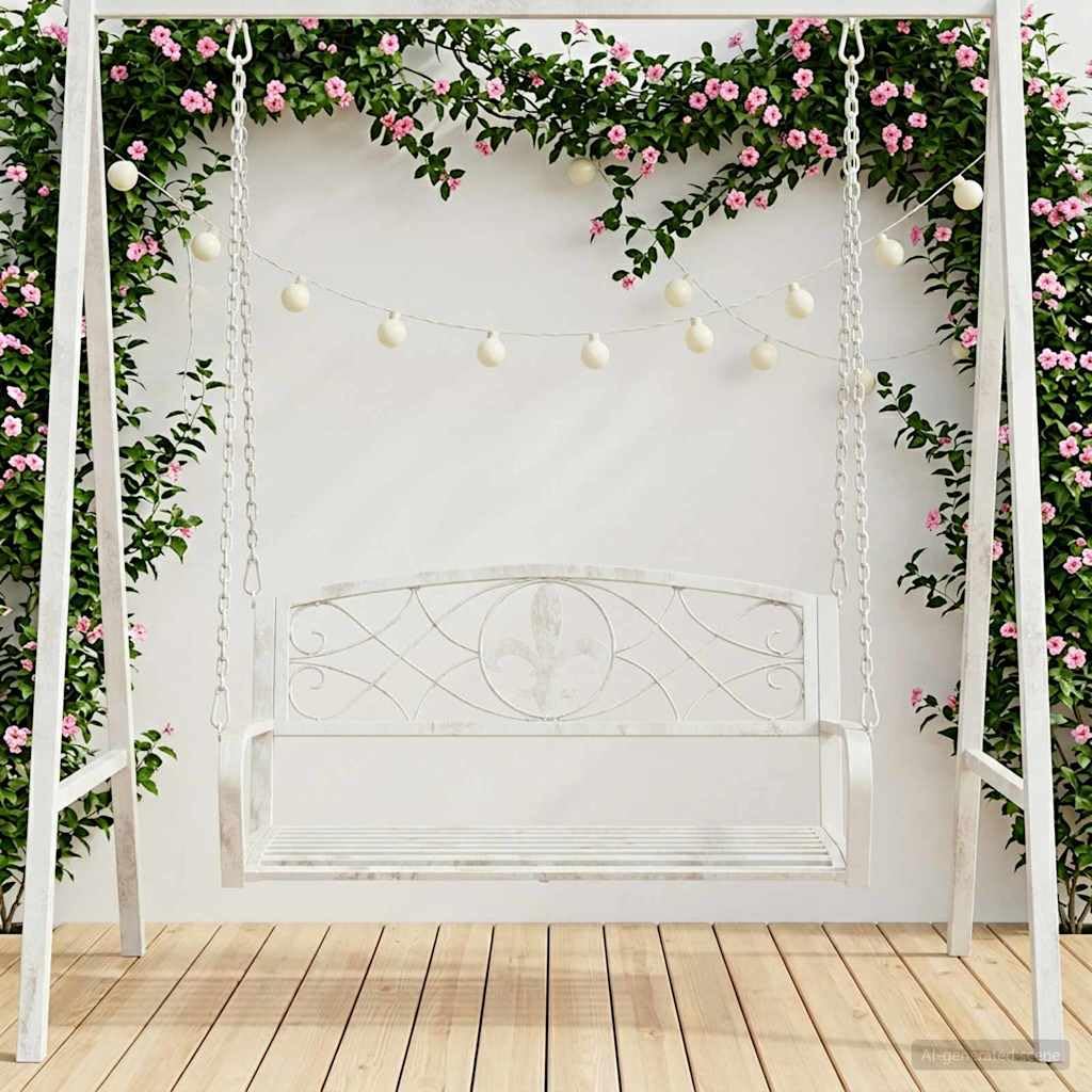 Schaukelbank Stahl Antik Weiß 110,5 x 59 x 55 cm Gartenschaukel für Terrasse und Garten mit wetterfestem Metallgestell und bequemer Sitzfläche zum Relaxen im Outdoor-Bereich