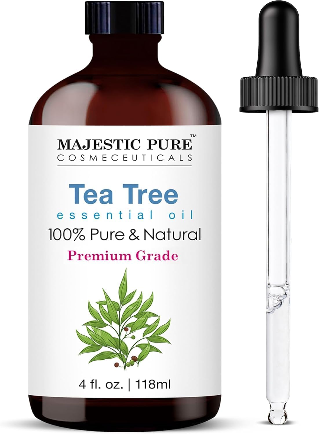MAJESTIC PURE Tea Tree Essential Oil with Glass Dropper | 100% Pure and Natural Tea Tree Oil | Premium Grade Essential Oils for Diffusers, Skin, Aromatherapy, Massage | 118 ml