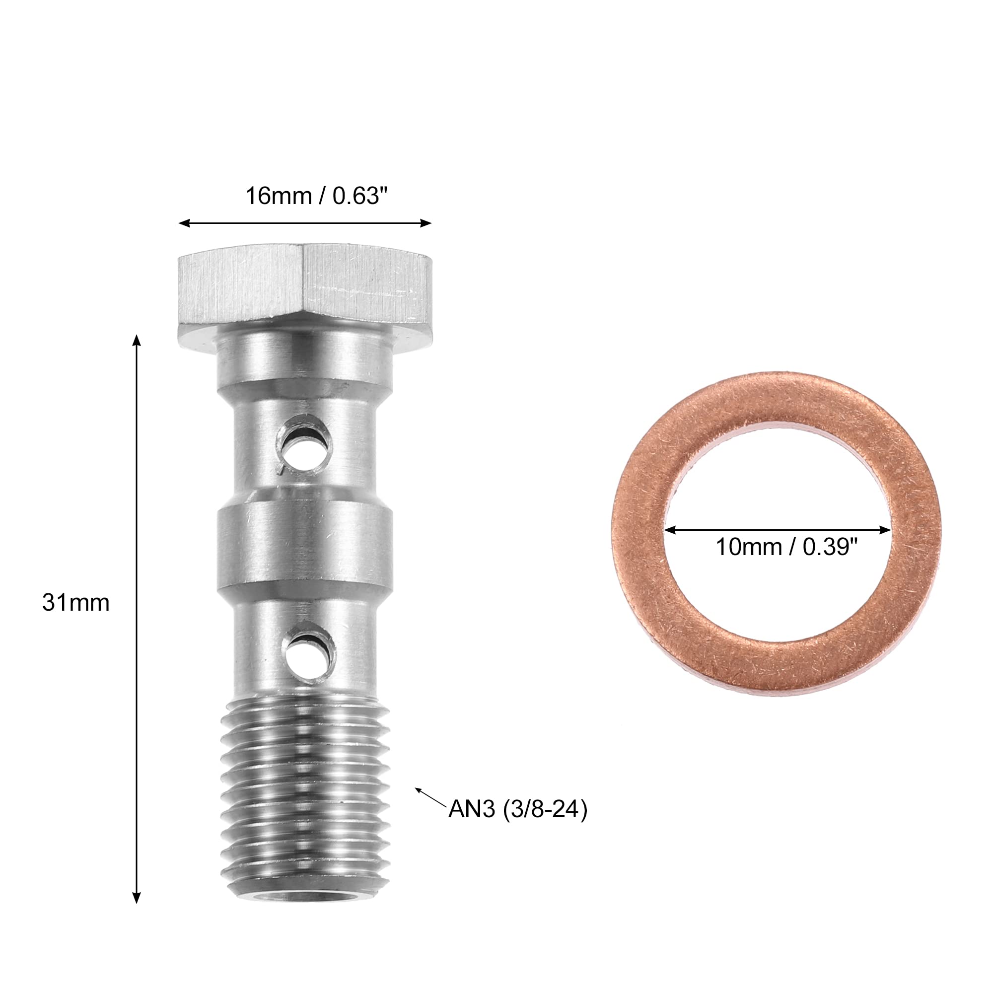 X AUTOHAUX Lot de 2 boulons de banjo en acier inoxydable AN3 filetage 3/8-24 avec rondelles en cuivre Double boulon banjo Longueur 31 mm