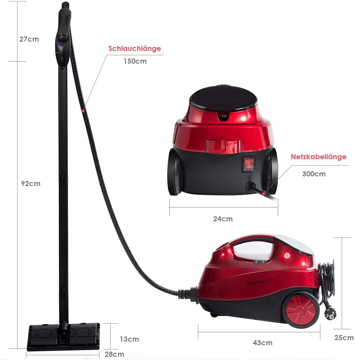 RELAX4LIFE Dampfreiniger 2000W, Dampfdruck: 4 bar, Tank: 1,5 L, Dampfzeit: bis 45 Min., bis 108°C, Dampfsauger mit LED-Licht & Überhitzungsschutz, inkl. 19 Zubehör, für Böden, Teppiche, Sofa (Rot)