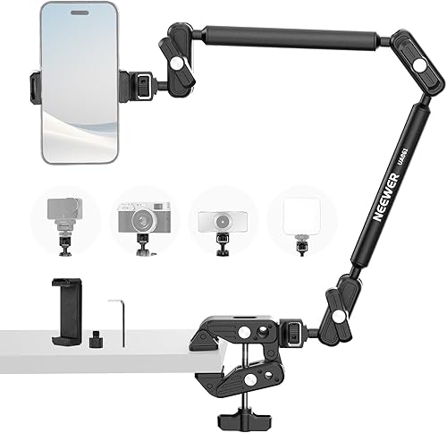 Miniatura 10 de NEEWER Brazo Mágico de 22" con Abrazadera de Escritorio, Montura de Cámara Superior con Brazo Articulado de Micrófono Boom 1/4" 3/8" Hilos para