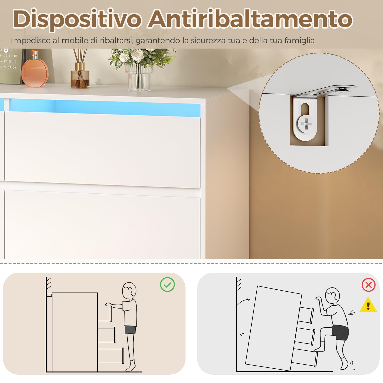 BEWISHOME Cassettiera Camera da Letto Moderna con 6 Cassetti e Luci a LED | Cassettiera Bianca,Salvaspazio,Mobile Camera da Letto per Soggiorno,Bagno e Ingresso,40 x 75 x 108 cm EKCG08W