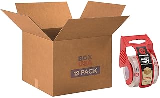 BOX USA Moving Boxes Large 20"L x 20"W x 15"H (12-Pack) & Heavy Duty 2in x 25yd Clear Packaging Tape with Dispenser | For Shipping, Mailing, Packing, Packaging and Storage