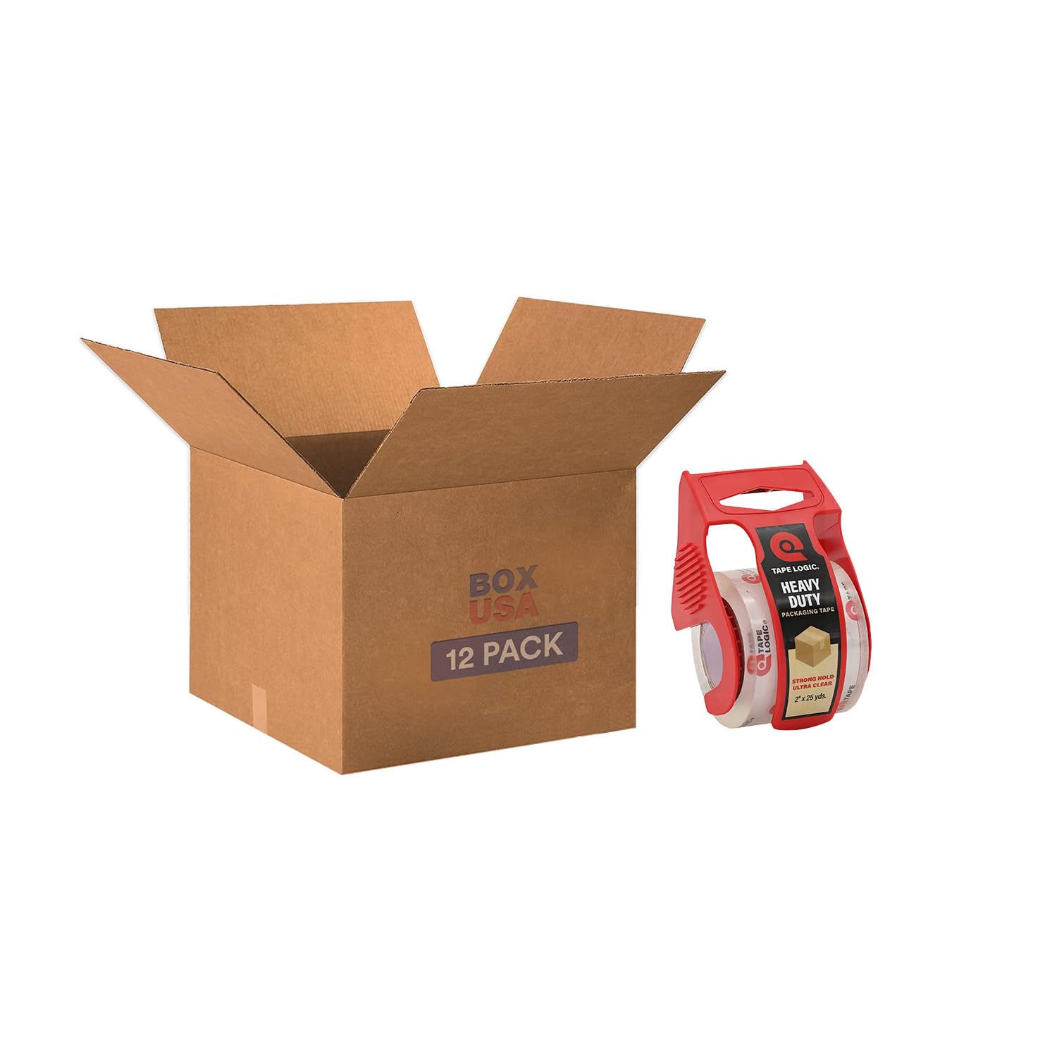 box usa moving boxes large 20"l x 20"w x 15"h (12-pack) & heavy duty 2in x 25yd clear packaging tape with dispenser | for shipping, mailing, packing, packaging and storage