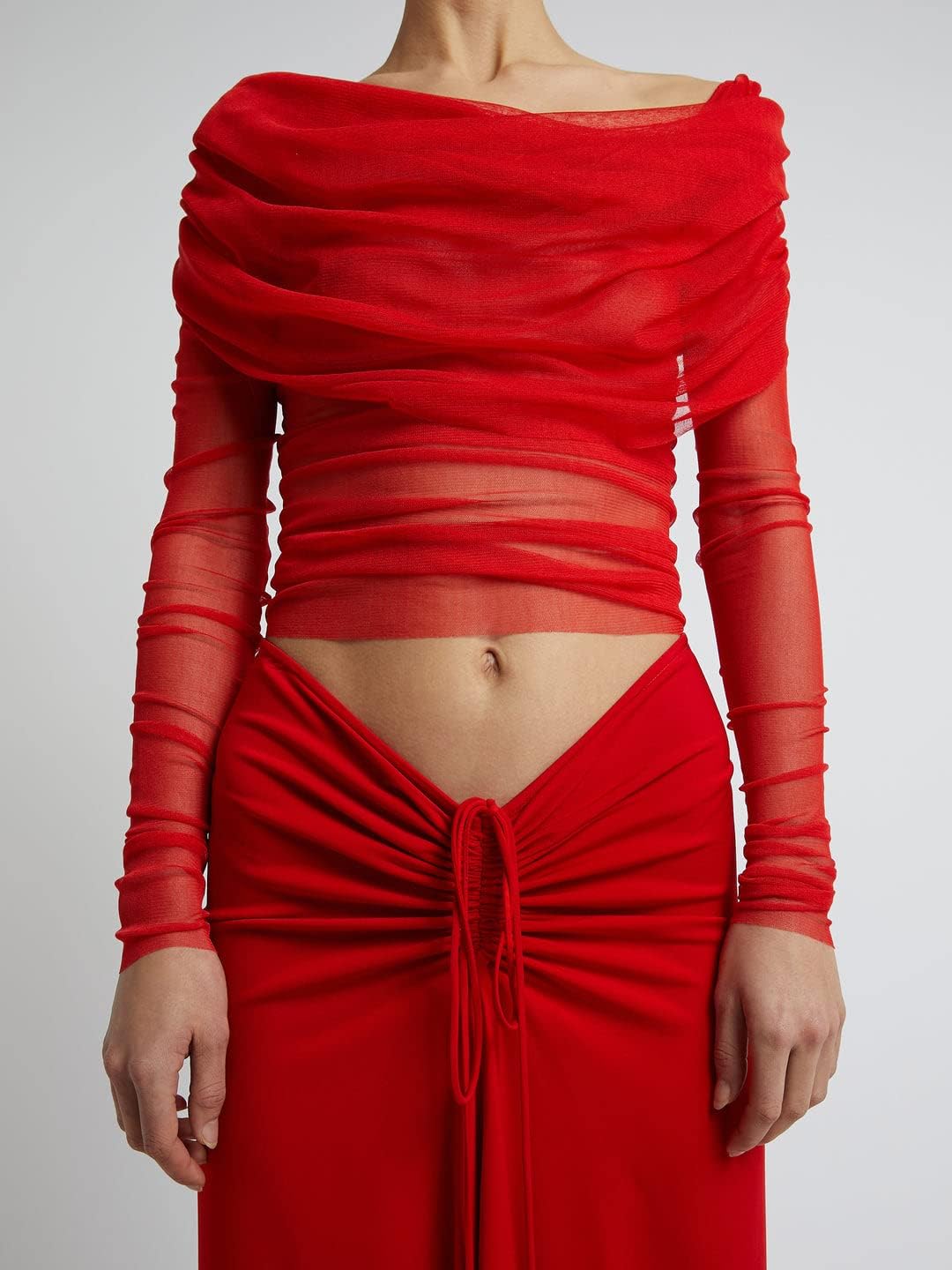 Womens Off Shoulder Long Sleeve Top Ruched Mesh Sexy Crop Shirt Slash Neck Slim Fit See Through Sheer Tee Tops - Image 3