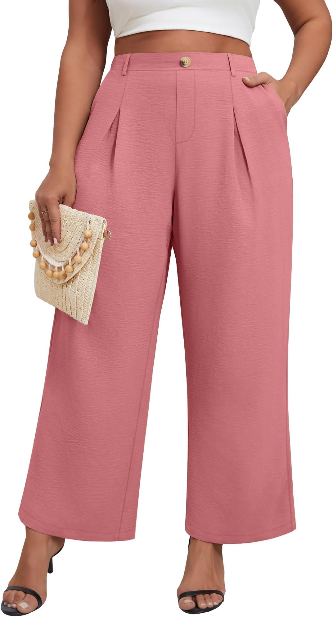 Women's Plus Size Wide Leg Pants, Elastic High Waist Palazzo Pants Casual Business Trousers with Pockets