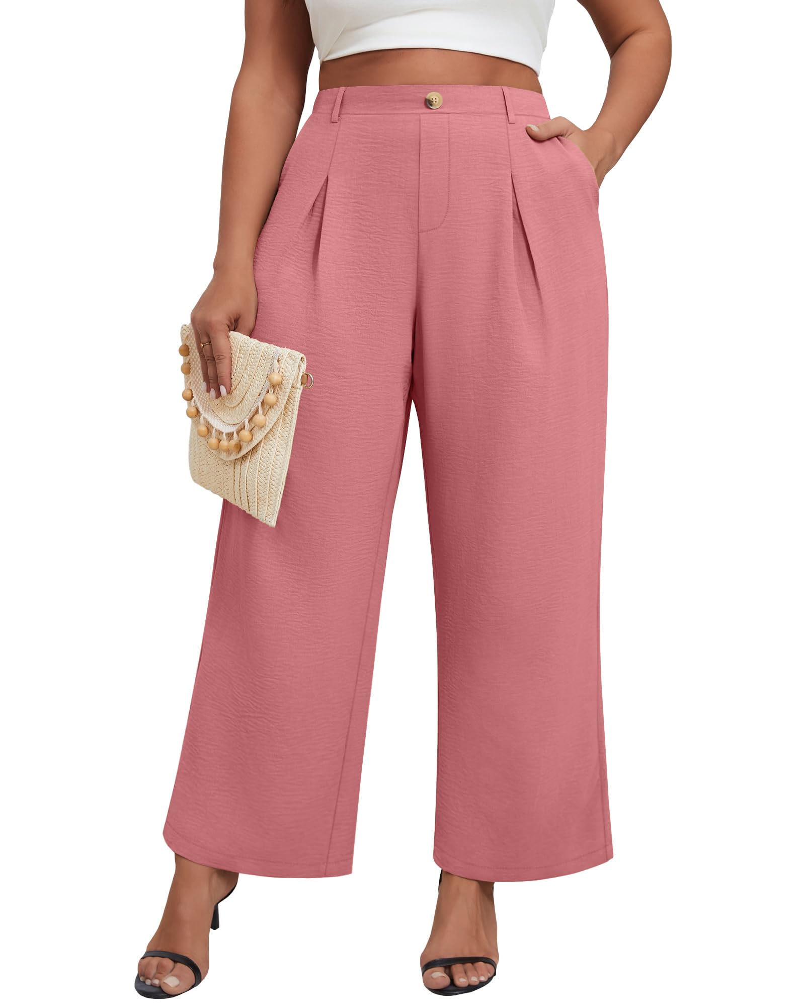 Women's Plus Size Wide Leg Pants, Elastic High Waist Palazzo Pants Casual Business Trousers with Pockets
