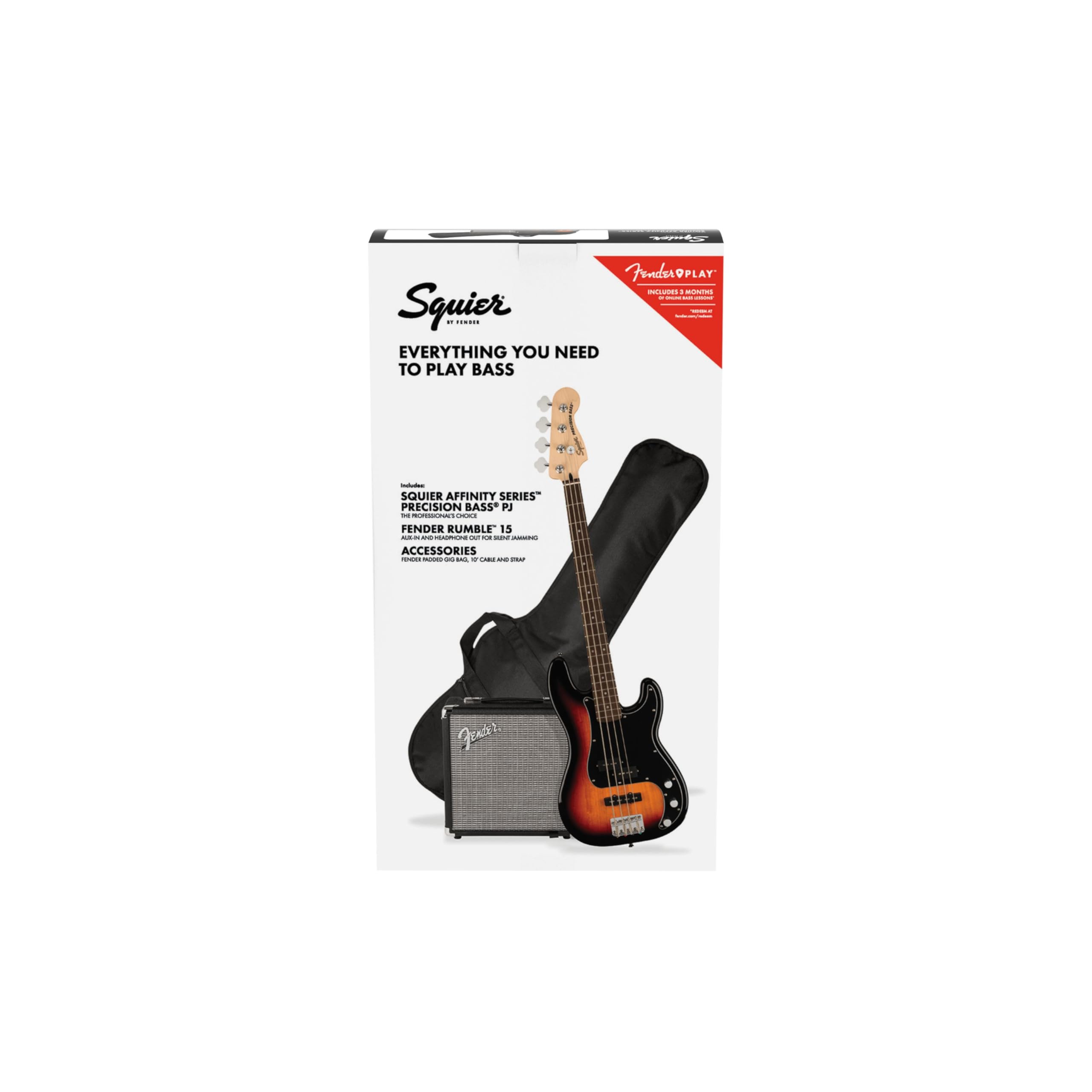 Squier Affinity Precision Bass PJ Pack, Laurel Fingerboard, 3-Color Sunburst, Rumble 15