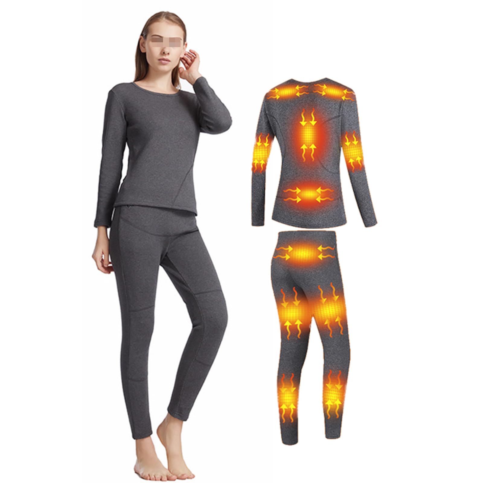 Set di Biancheria Intima Termica Riscaldata da Donna, Intimo Termico Lunga T-Shirt E Pantaloni con 16 Aree Riscaldate, per Sci All'aperto Pesca Trekking, Batteria Non Inclusa,3XL,Grey