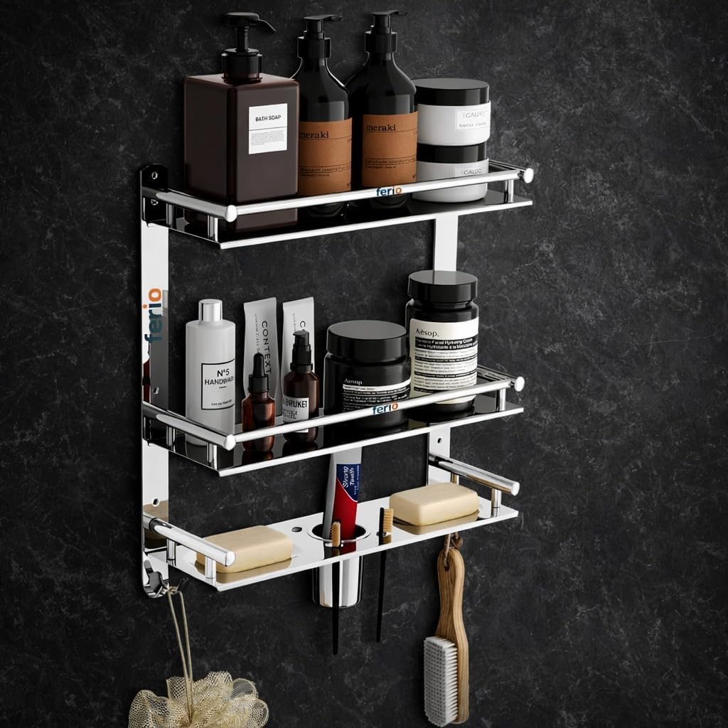 FERIO 3 Tier Bathroom Shelf for Wall Stainless Steel Bathroom Shelf & Bathroom Organizer Wall Mounted Bathroom Rack/Shelf for Bathroom Accessories (Silver, Pack of 1)-image-31