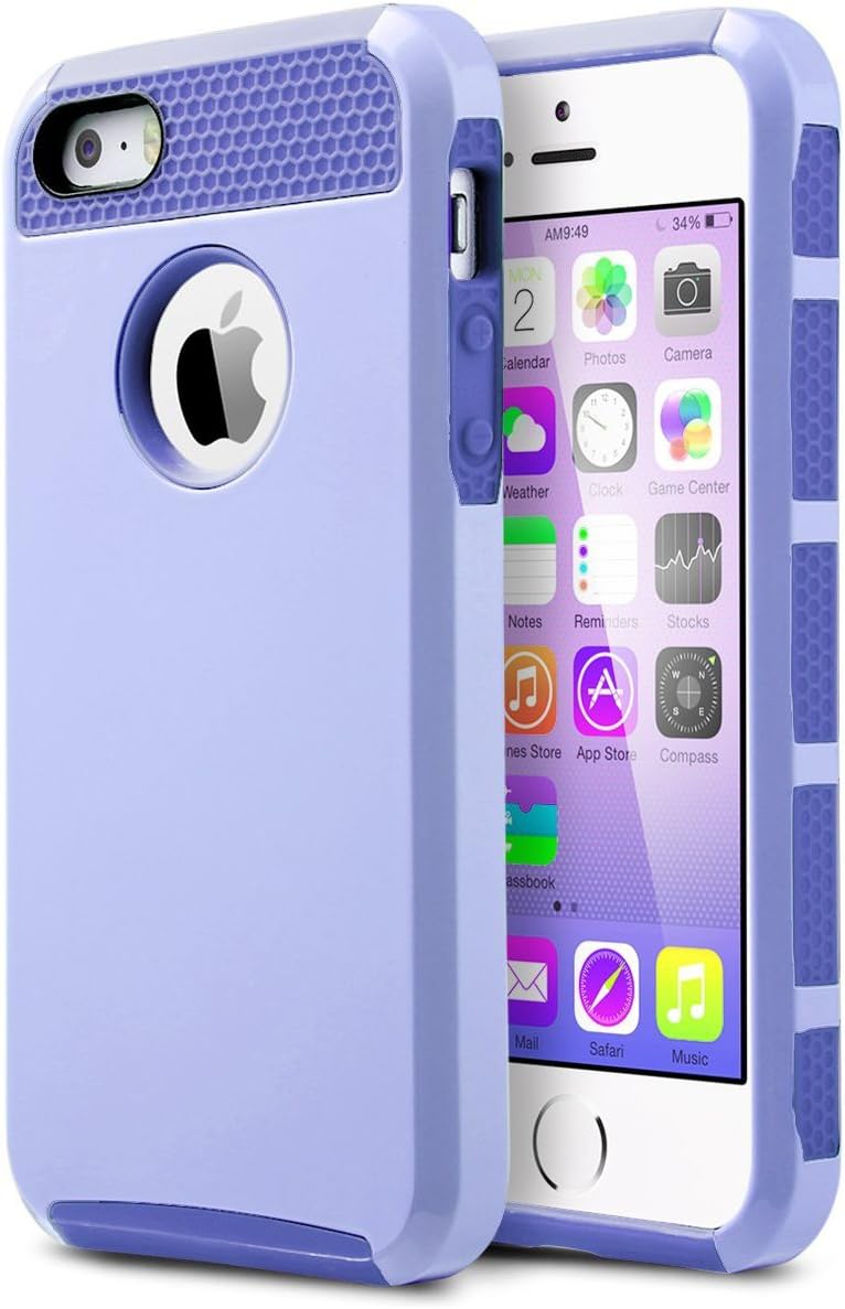 ULAK iPhone 5S Case, iPhone 5 Case, iPhone SE Case, Slim Fit Dual Layer Protection Case Shock Absorbing Hard Rugged Ultra Protective Back Rubber Cover with Impact Protection (Light Purple+Purple)