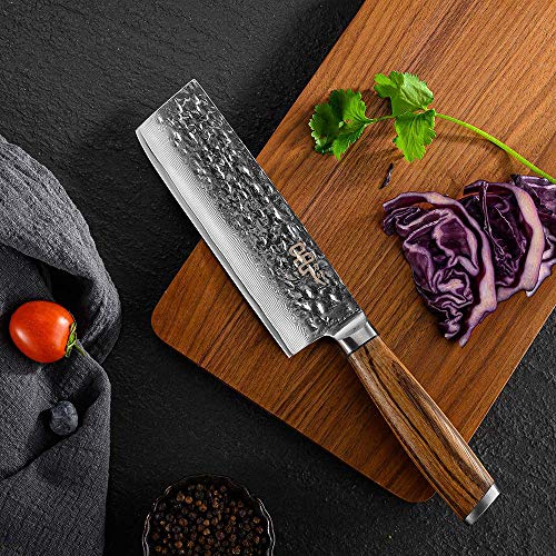 Yi Nakiri Knife 6.5inch Damascus cleaver knife vegetable knife chef knife Japanese Damascus steel kitchen knives with Ergonomic Zebra wood Handle and a beautiful gift box.