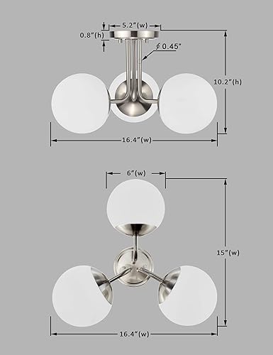 Miniatura 3 de Hanaloa Lámpara de techo semiempotrada de 3 luces, níquel cepillado, lámpara de araña moderna de globo, iluminación Sputnik para cocina, dormitorio,