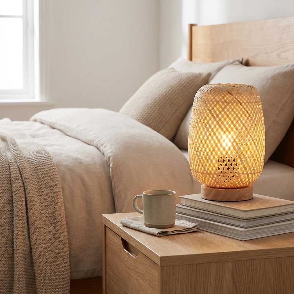 BARCELONA LED – Lámpara de Mesa de Mimbre y Madera "Ruka" – Diseño Artesanal con Pantalla Enrejada. Estilo Rústico, Boho Natural. E27 – Lámpara de sobremesa ideal para Salón, Dormitorio.