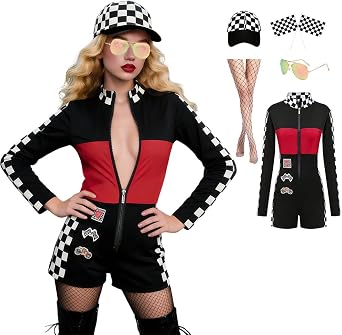 Sexy Racer Costume Women Speed Race Car Driver Jumpsuit with Sunglasses Hat Flag Outfit for Halloween Cosplay