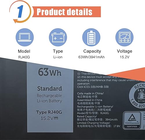Miniatura 2 de ASODI Batería para portátil RJ40G de 63 Wh, compatible con Dell Latitude 15 5520 14 5420 Precision 15 3560 Series M033W P104F P104F001 WY9DX P137G