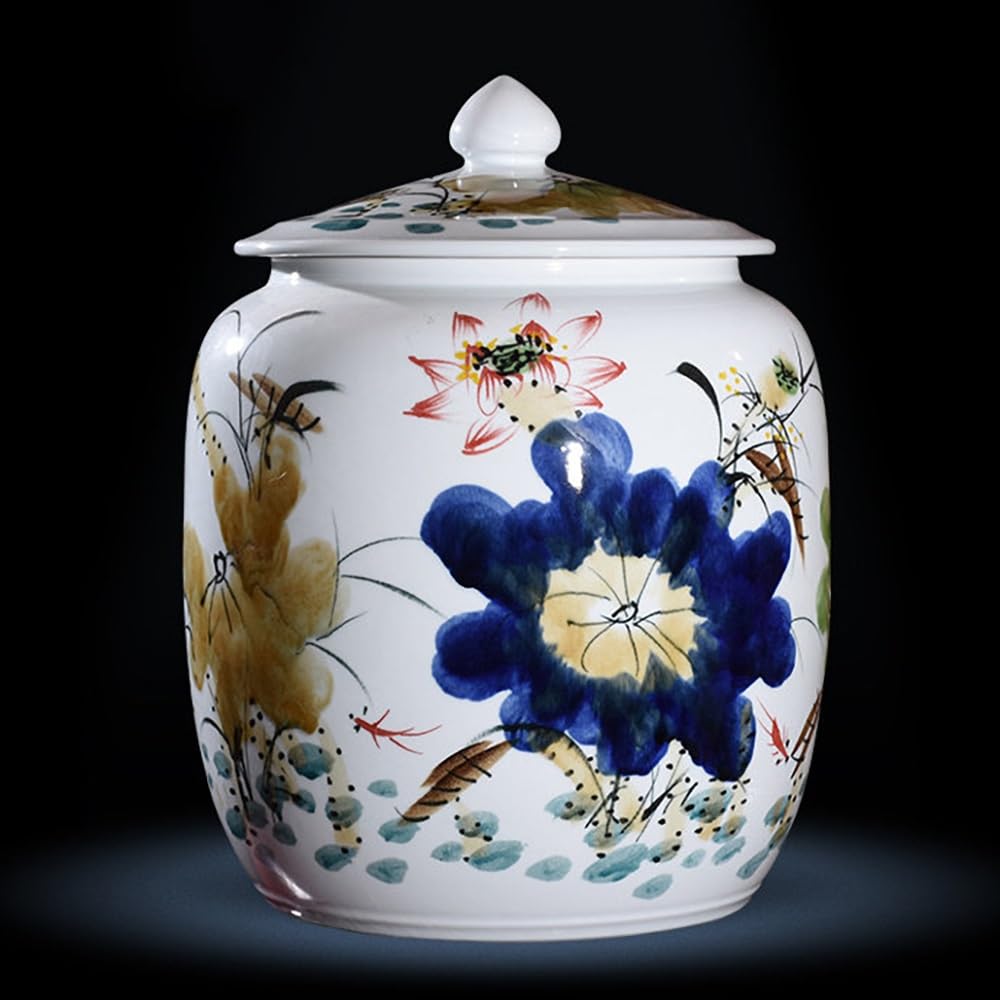 SXYHCK Chinese Ceramic Rice Bucket Large Grain Dispenser Food Storage Container With Lid Sealed Ceramic Rice Storage Jar Porcelain Kitchen Sealed Jar(Blue A,25kg/55lbs)