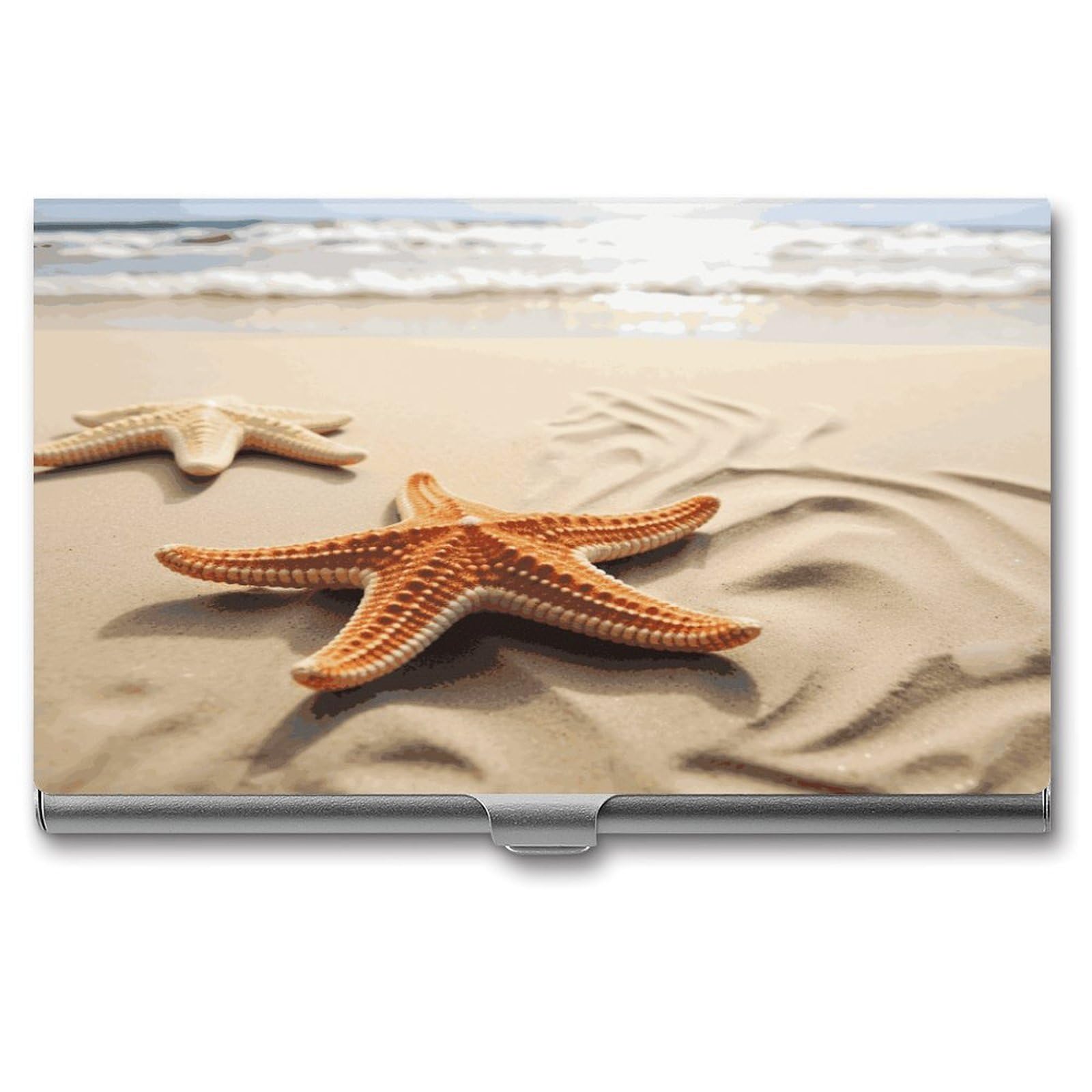LDGSUPH Starfish on The Sand Beach Landscape Business Card Holder Fashion Slim Name Card Holder Minimalist Design Case Metal Card Carrier Personalized Business Card Case with Flip for Men Women