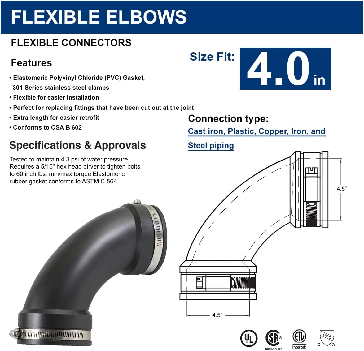 Supply Giant 6I77 Flexible Elbow Coupling with Stainless Steel Clamps, 4.5" Inner Diameter for 4" Nominal Pipe, Black