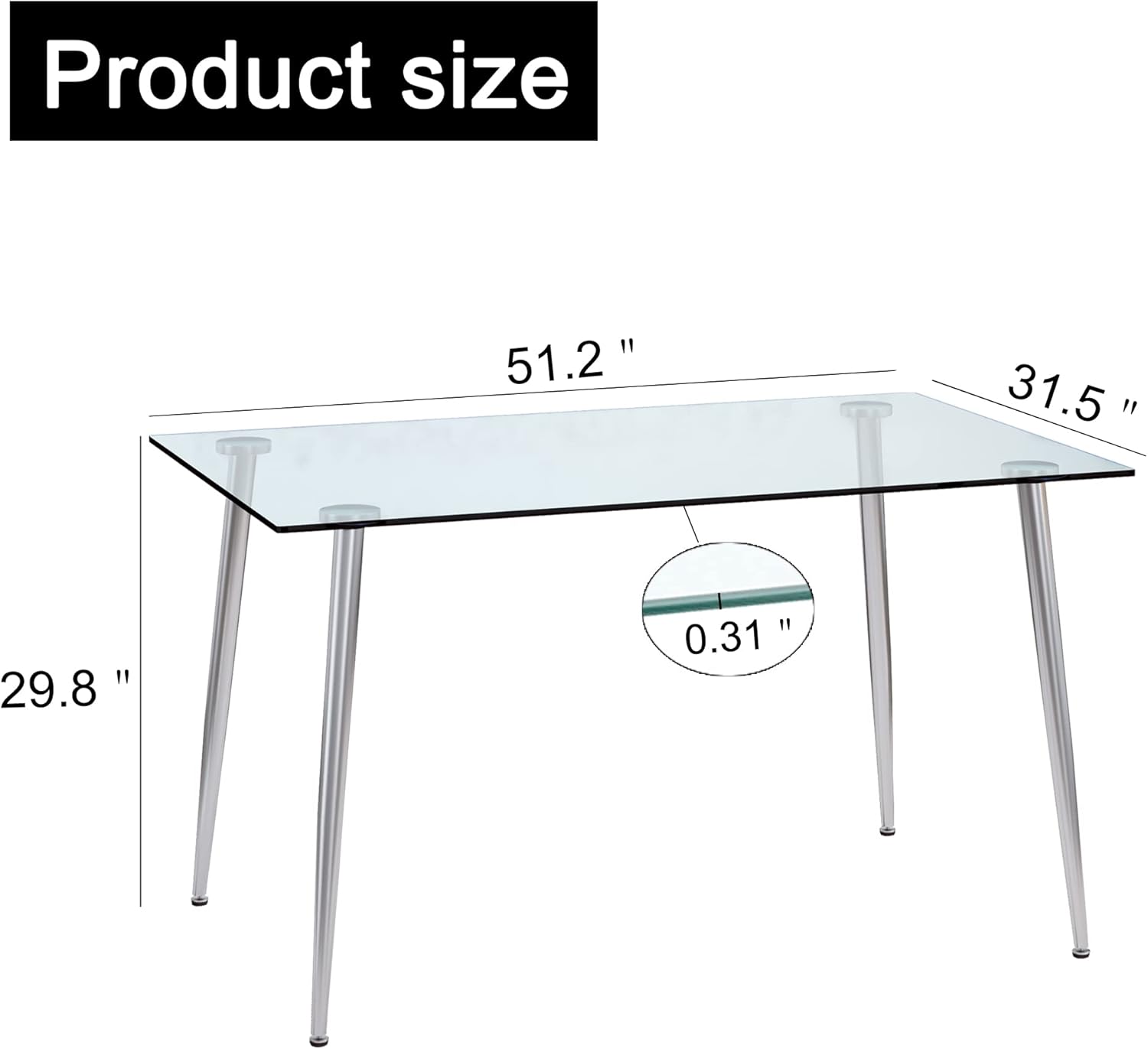 51 in Glass Dining Table, Modern Rectangular Kitchen Table with Tempered Glass Tabletop & Metal Legs, 51.2 x 31.5 x 29.8 Inch