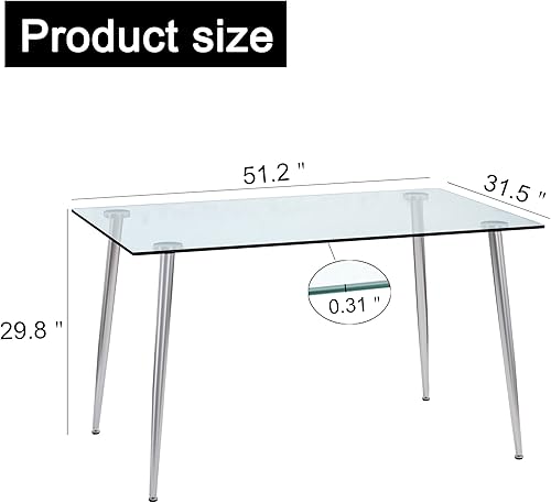 Miniatura 2 de Mesa de comedor rectangular moderna y minimalista de cristal para 4 y 6 personas con mesa de vidrio templado de 0.31 pulgadas y patas de metal