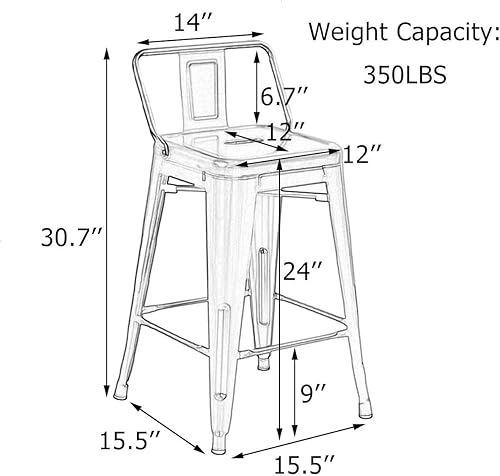 Miniatura 10 de Andeworld Juego de 4 taburetes de bar de metal industrial con respaldo (30 pulgadas, negro) Mate negro,Crema Blanco,RUSTY,plateado