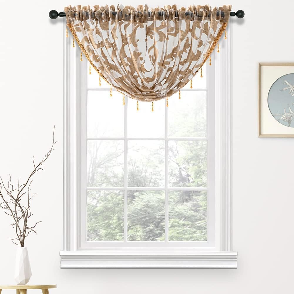 NAPEARL Swag Valance for Windows Beige Organza Sheer Waterfall Curtain, Elega...