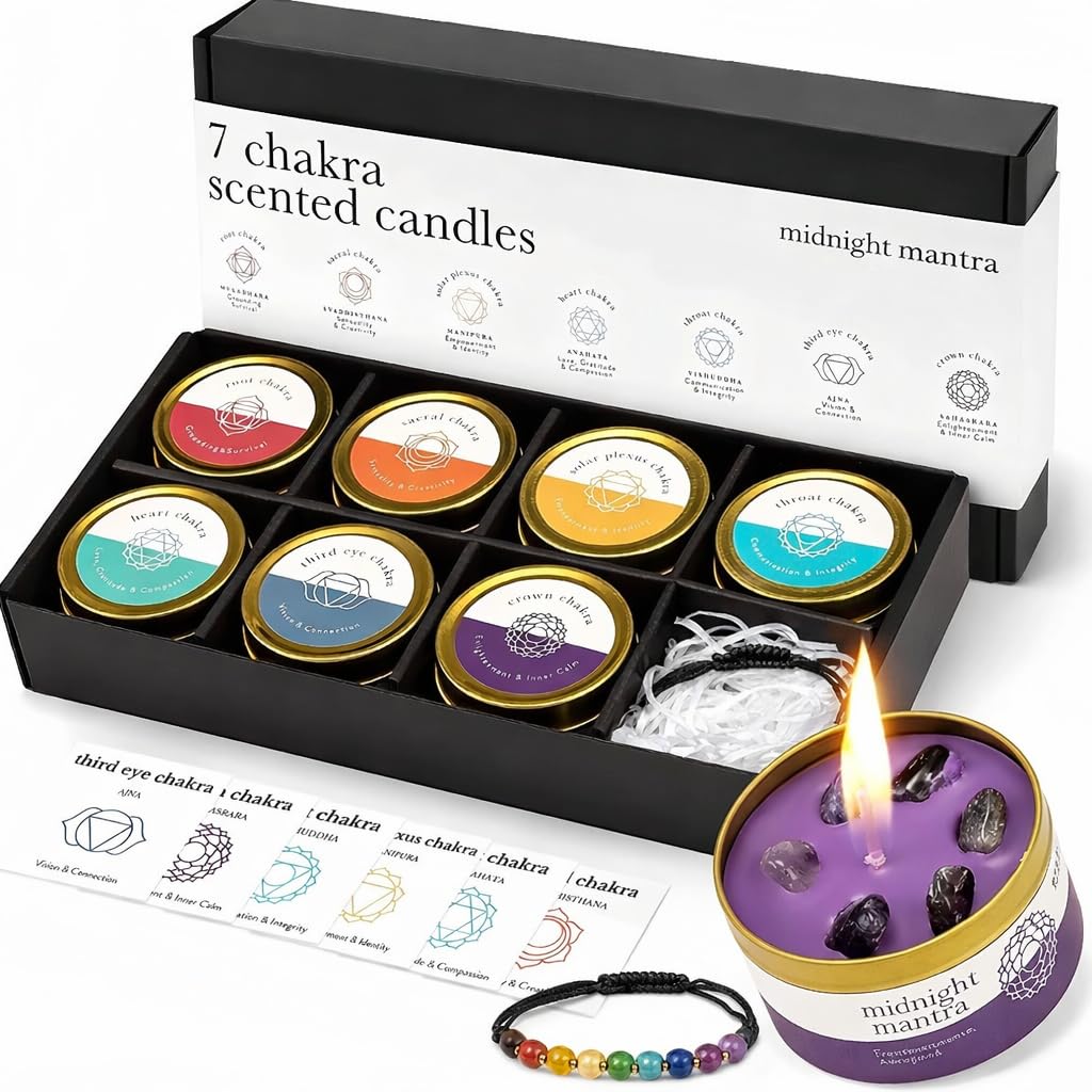 Midnight Mantra Multi Scented Chakra Candles Set With Chakra Crystal Bracelet – Aromatherapy Soy Candles For Meditation, Healing, Yoga & Relaxation Gift Set