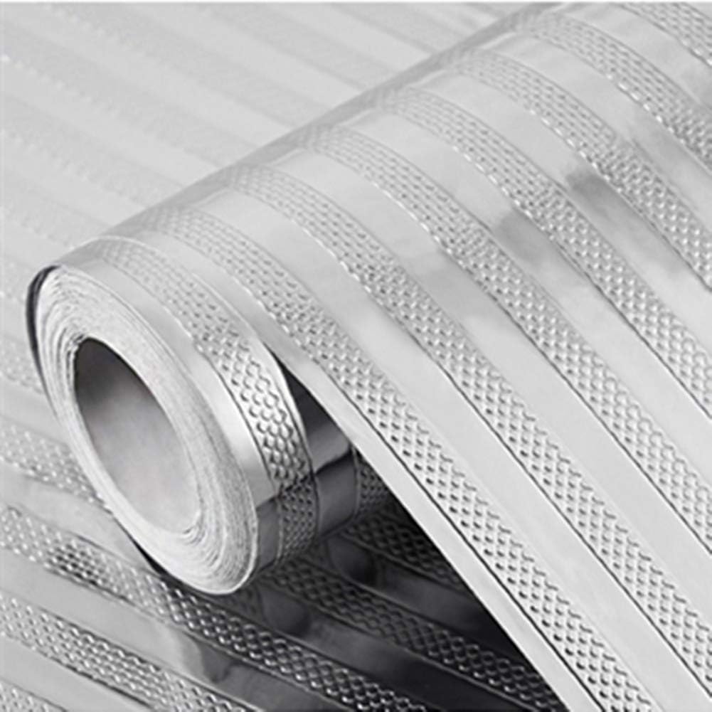 Self Adhesive Shelf Liner Kitchen Backsplash Peel and Stick Foil Wallpaper Cabinets Shelf Sticker, Drawer Liner Oil-Proof Waterproof Aluminum Foil Contact Sticker (15.7"x 196.8", Striped Version)