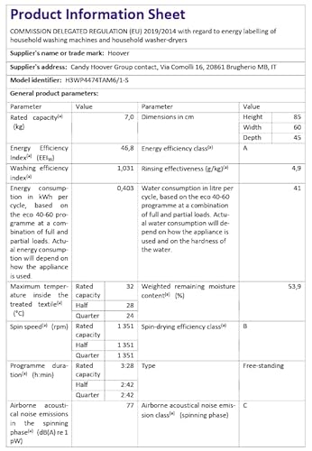 HOOVER H3WP4474TAM6/1-S LAVATRICE SLIM, Caricamento frontale, 7 kg, 45 cm, Classe A - 11