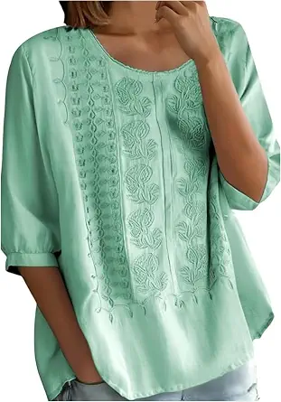 Cotton Linen Shirts for Women Trendy Retro Embroidered 3/4 Sleeve Boho Blouse Dressy Casual Bohemian Tops Loose Tunics
