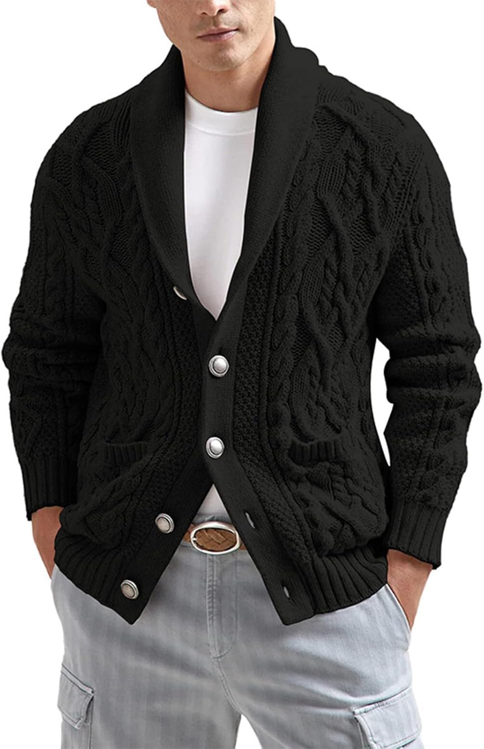 Ymosrh Men's Cardigan Sweater Cable Knit, Long Sleeve Shawl Collar Button Down Winter Chunky Sweaters with, M-2XL