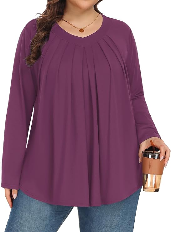 Tencede Womens Plus Size Tops Long Sleeve Shirts V Neck Tunic Blouses 1X-5X