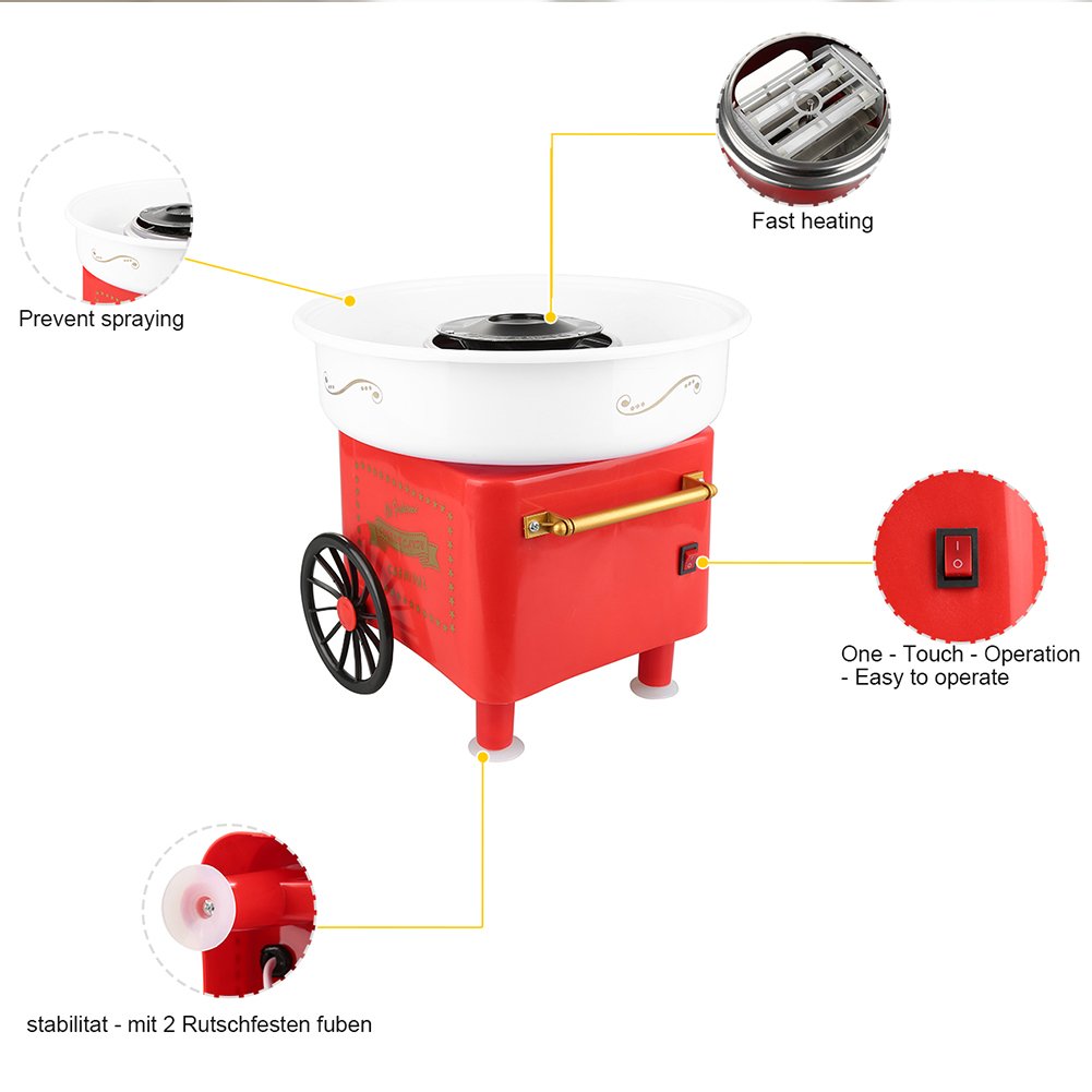 Máquina de algodón para caramelos, máquina de caramelos de algodón, 450 W, con accesorios para cumpleaños diferentes fiestas, preparación de 2 minutos (B, rojo)