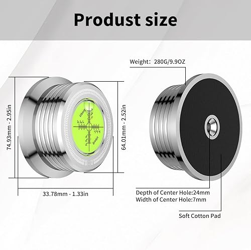 Miniatura 2 de Viborg LP528S - Estabilizador de peso de récord, nivel estroboscópico, 3 en 1, abrazadera de vinilo LP de 9.88 oz (9.9 onzas) con nivelación de
