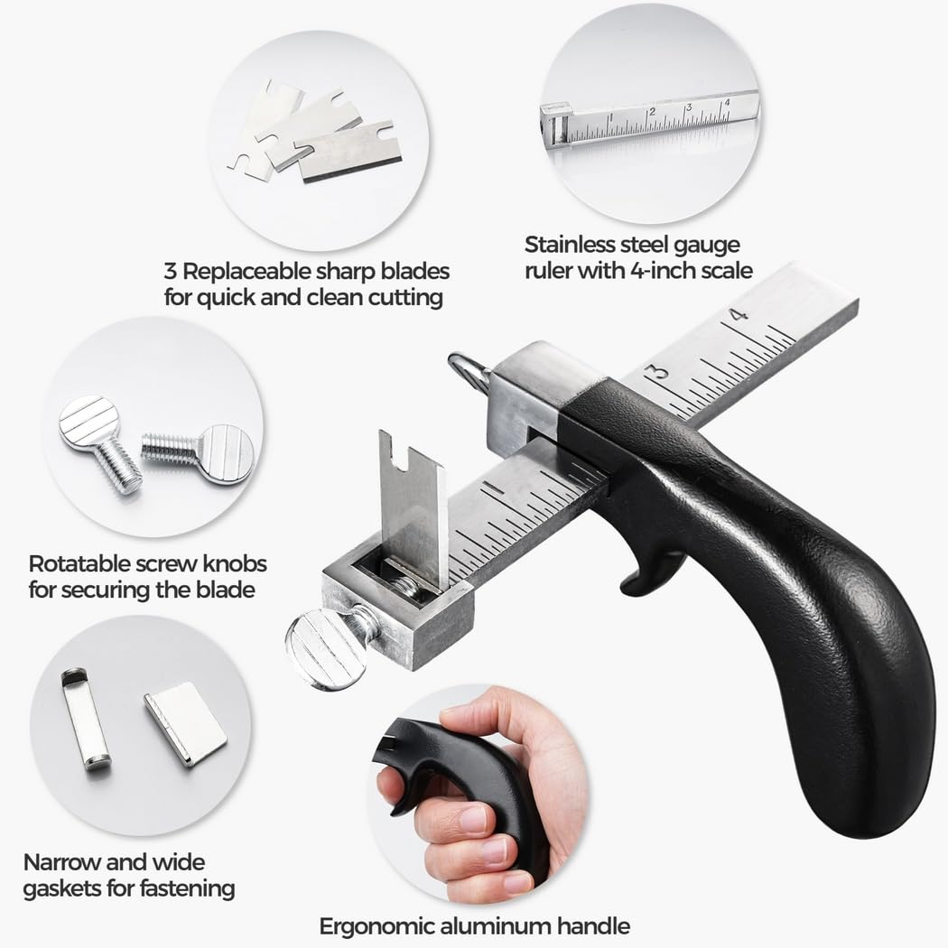 Taglierina per strisce in pelle, scala da 10,2 cm, con 3 lame in acciaio inossidabile, manico ergonomico in alluminio per fai da te, efficiente strumento di taglio manuale per lavori di pelle precisi