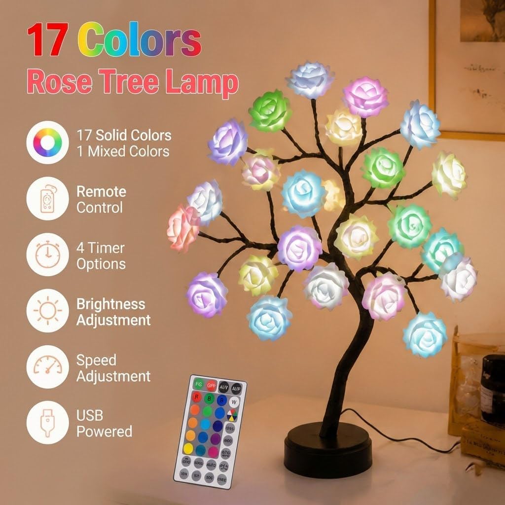 24 LED Rose Flower Tree Lamp，17 Colors Changing Multicolor LED Table Lamp with Remote, USB/Battery Powered Bonsai Night Light, Touch Control for Home Desk Decor, Wedding Christmas Party Centerpiece image 3