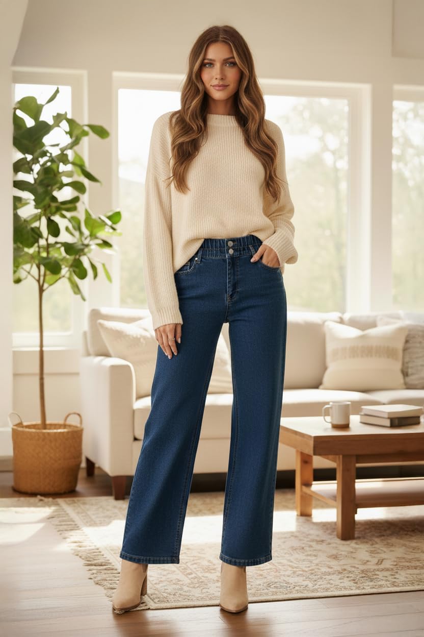 Astylish Women's Pull On Stretchy Elastic High Waisted Jeans Trendy Wide Leg Baggy Straight Trouser Jeans