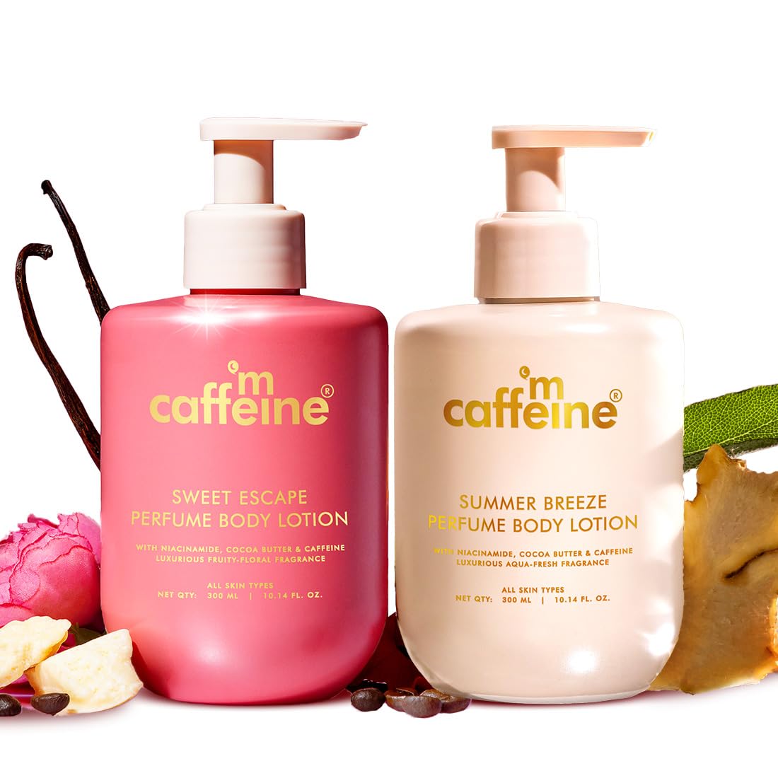 mCaffeine Perfume Body Lotion Combo - Sweet Escape & Summer Breeze | Niacinamide, Cocoa Butter & Shea Butter For Deep Moisturization | Lightweight, Non-Sticky | Fruity & Aqua Fragrance - 300ml x 2