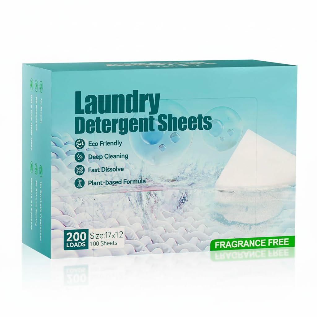 Laundry Detergent Sheets Unscented 200 Loads (100 Sheets) Fragrance Free - Eco-Friendly Laundry Washer Detergent Sheets for Travel, Concentrated Liquidless Laundry Soap Sheets, Hypoallergenic